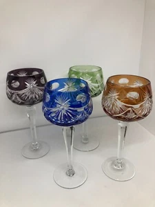  Cristal Set of 4 Nachtmann Stem Glasses with Overlay Cut to Clear - Picture 1 of 12