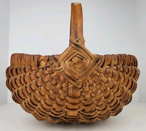 Vintage Primitive Woven Wood Splint Large Round Buttocks Wicker Gathering Basket - Picture 1 of 9