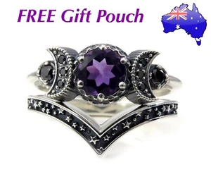 2Pc Purple Amethyst Crystal Triple Moon Star Goddess Witch Wicca V Ring Set Gift - Picture 1 of 6
