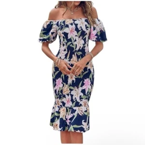 Pretty Garden Women's Large Smocked Fit and Flare Floral Dress Puff Sleeve - Picture 1 of 11
