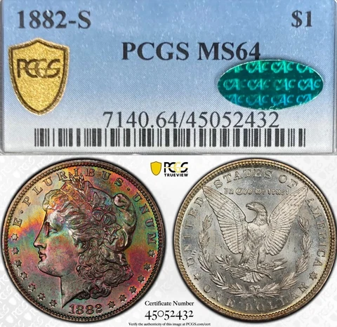 1882-S MS64 PCGS *CAC* Morgan Silver Dollar $1 Toned - Semi PL - Rainbow Hues PQ Cover
