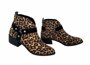 Qupid Rager 69x Booties Camel Leopard Print Black Harness Pointed Toe Size 5.5 - Picture 1 of 10