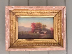 Early 19 C. Oil Painting Farm In Fall Colors Rustic Cornstacks In Pastoral Scene - Picture 1 of 9