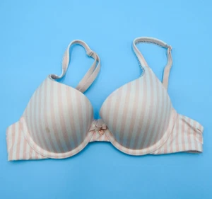 Victorias Secret 34A Bra Lingerie Pink White Striped Perfect Shape Bow Body By - Picture 1 of 7
