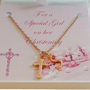 De Chica Bautizo Collar, Oro Rosa, Cualquier Carta, Inicial, Cruz, Regalo para - Imagen 1 de 8