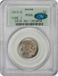 1913-D Buffalo Nickel Type 1 MS66 PCGS OGH (CAC) - Picture 1 of 4