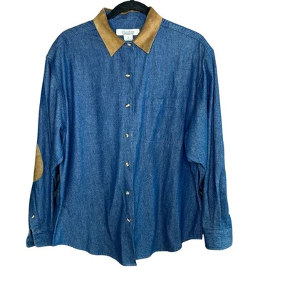 Brooks Brothers Blue Denim Chambray Suede Leather Collar Elbow Patches Shirt - Image 1 of 4