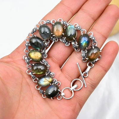 Natural Labradorite Gemstone Handmade 925 Sterling Silver Jewelry Bracelet Gift - Image 1 of 4