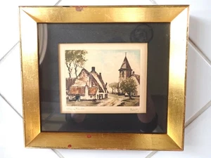 Vintage Hand Colored Etching Framed By Roger Hebbelinck "Village En Flandres" - Picture 1 of 7