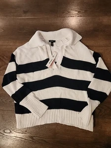 Aqua 100 % Baumwolle weiß & schwarz gestreift Polo Style Pullover Sweater Größe Medium  - Bild 1 von 7