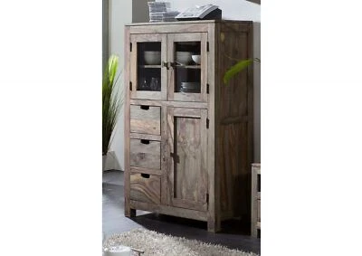 Vitrine Highboard grau Echtholz Sheesham massiv 3 Schubladen 90x148 ohne Aufbau - Bild 1 von 4