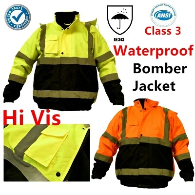 Hi Vis Waterproof Class 3 Insulated Heavy Duty Winter Safety Bomber Jacket Coat - Image 1 of 4
