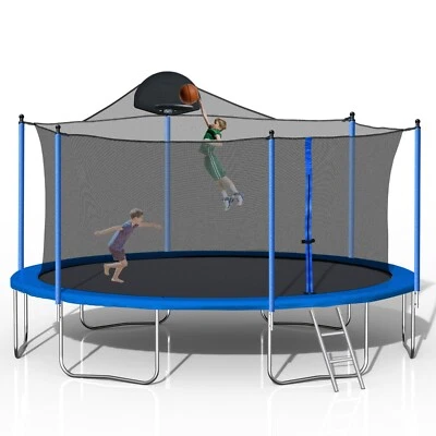 14FT Trampoline w/Safety Enclosure Net Spring Pad Ladder Basketball Hoop Outdoor - Image 1 of 4