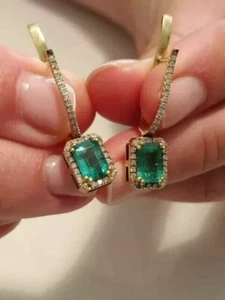Emerald Cut Simulated Green Emerald Halo Drop Earrings In 14k Yellow Gold Plated - Picture 1 of 6