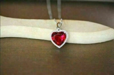 2CT Heart Cut Lab-Created Red Ruby Elegant Halo Pendant In 14K White Gold Plated - Image 1 of 4