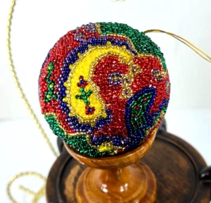 Vintage Christmas Ornament Glass Seed Bead Red Gold Green blue 4" round ball - Picture 1 of 9