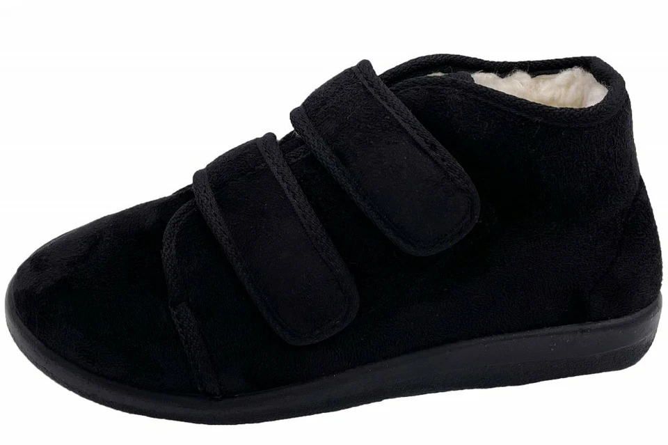 OrtoMed Klettschuhe Senioren Schwarz Hausschuhe warm gefüttert Weit geschnitten