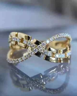 Anel cruzado de noivado de diamante corte redondo 3 quilates criado em laboratório ouro amarelo 14K FN - Imagem 1 de 4