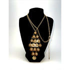 Vintage Gold Tone Necklace Rhinestone Chain Smooth Coin Pendant B#6