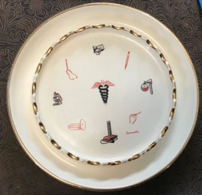 "Cenicero de 8"" raro antiguo farmacéutico Schuman Caduceus&Tools ~ adorno dorado Canton, Ohio ~ cenicero" Foto 1 de 4