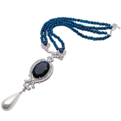 2 Rows Blue Agate Necklace Blue Crystal White Sea Shell Pearl Pendant 19" - Image 1 of 4