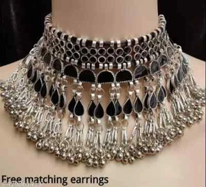 Indisches Bollywood oxidiertes Silber Spiegel Halsband Halskette Ohrringe & S... - Bild 1 von 5