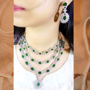 Ethnic AD Indian Bollywood Silver Plated Jewelry Earrings Necklace Bridal Set - Picture 1 of 7