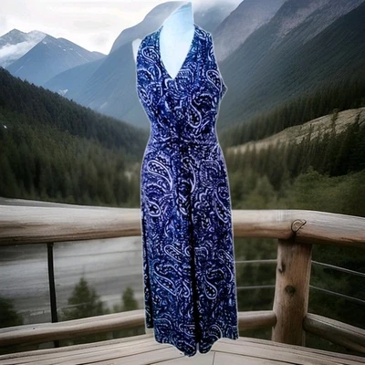 Tommy Hilfiger Paisley Sleeveless Midi Dress Women’s Size 8 Navy Blue White - Image 1 of 4