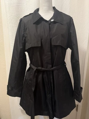Abrigo impermeable negro con cinturón largo para mujer Dressy Nine West talla XL, ¡usado una vez! Foto 1 de 4