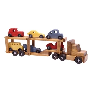 AmishToyBox.com Holz Auto-Träger Sattelzug und Anhänger Spielzeug Set mit 6 Autos - Bild 1 von 4