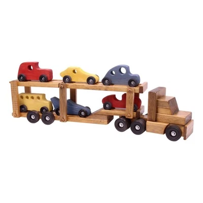 AmishToyBox.com Wooden Car-Carrier Semi Truck and Trailer Toy Set with 6 Cars - Image 1 of 4