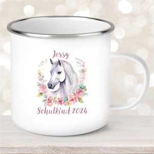 Tasse Schulkind #14 Wunschname Pferd#1 Emaille Kinderbecher Personalisiert - Bild 1 von 1