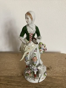 Antique Sitzendorf Porcelain Figurine -Georgian Peasant Girl with lamb at feet - Picture 1 of 8