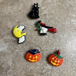 5 Vintage Halloween Knopfhüllen: 2 Kürbisse Hexe Katze Mond süß - Bild 1 von 7