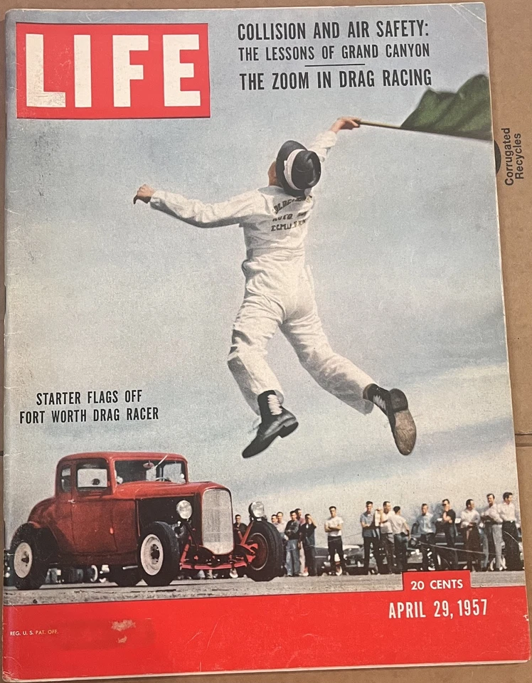 Life Magazine April 29, 1957 Hot Rod Drag Race Cars DON LARSEN SIGNED AD on Back - Image 1 of 4