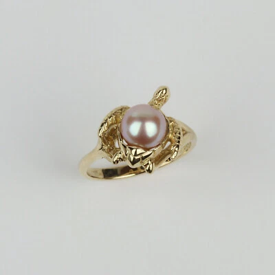 "AA" 14k Yellow Gold, Pink Pearl Women's Sea Turtle Ring Size 6.5 - Image 1 of 3