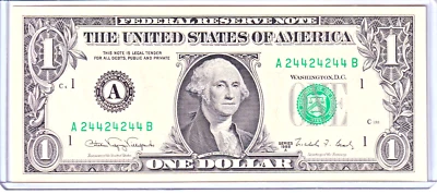 1988-A $1 FRN Uncirculated Fancy 2/4 BINARY Serial #A24424244B - Image 1 of 2