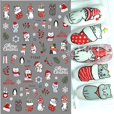 MARKENLOS 3D Nagel Sticker Nail Art Weihnachten Xmas Katze Selbstklebend Aufkleber