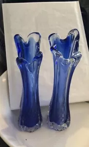 Pair Vintage Retro 60s MCM Cobalt Blue Glass 4 Finger Swung Vase Hand Blown 8”. - Picture 1 of 3