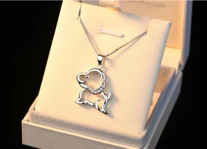 Cute Dog Puppy Silver Pave Cubic Zirconia Pendant Chain Necklace - Picture 1 of 3