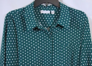 Camisa Blusa Susan Graver Lunares Elastizada Tejida Botón Delantero Larga Slv Verde 14 - Imagen 1 de 5