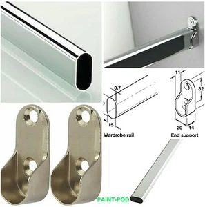 WARDROBE RAIL OVAL CHROME HANGING Clothes RAILS 700mm & 2 END SUPPORTS 70cm - Picture 1 of 4