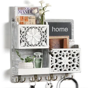 Organizer Wall Mounted 2 Slots Key Holder for Wall with 8 Hooks Rustic Wood K... - Picture 1 of 8