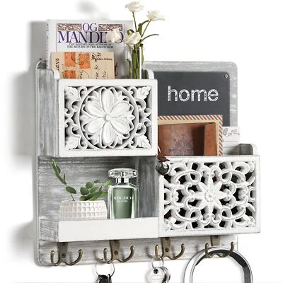 Organizer Wall Mounted 2 Slots Key Holder for Wall with 8 Hooks Rustic Wood K... - Image 1 of 4