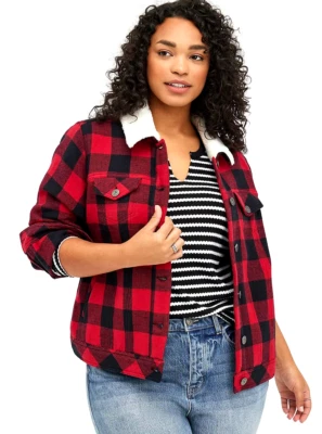 TORRID ( 2X ) Trucker Coat Buffalo Plaid Red Stretch  Cotton Sherpa Jacket - Image 1 of 4