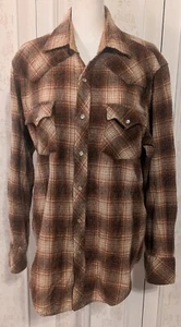 Montana Woolen Shop Men L/ XL Shirt Dbl Pocket Pearl Snaps  Brown Plaid Western  - Picture 1 of 7