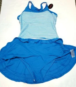 AvidLove Women's Bathing Suit with Skirt Blue White Stripes Large NEW K08 - Picture 1 of 11