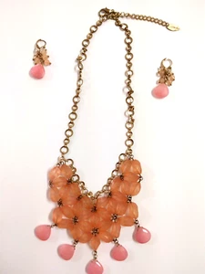Coldwater Creek Bib Necklace and Earrings Color Peach/ Pink Stones Gold Chain - Picture 1 of 12
