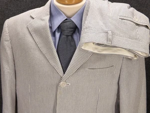 LINEA UOMO Mens 42R Blue Stripe Seersucker Cotton 37x27 Pleated Pants 2 Piece - Picture 1 of 13