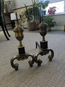 Antique Brass Andirons Grecian Urns Beautiful Pair Nice Patina - Picture 1 of 6